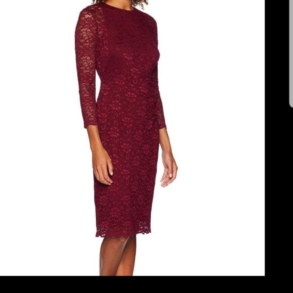 Lauren Ralph Lauren Lace 3/4 Sleeve  Ruched Pomegranate Dress Size 10 NWT